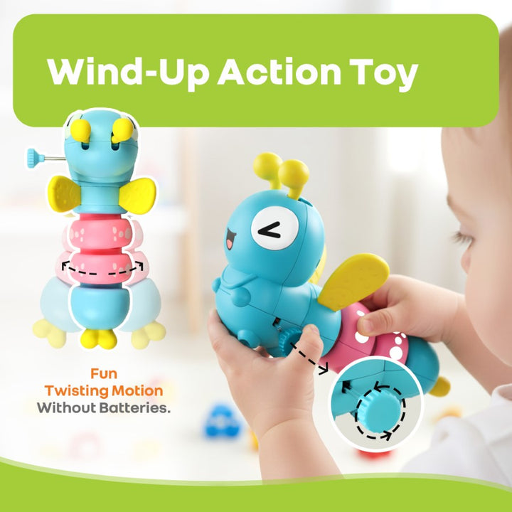 Wind-up action toy with child holding it, labeled 'Fun Twisting Motion Without Batteries'.