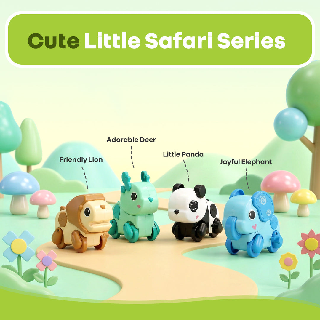 Orapple Safari - Set of 4 Windup Animal Toys for Babies (Panda, Lion, Elephant, Deer)