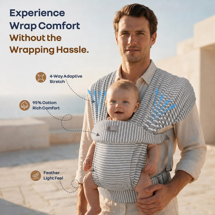 Solo Wrap Flexi Self-Wear Baby Carrier with Feather-Light Cotton Fabric and Ergonomic M-Shape Support – Mist Grey Stripes
