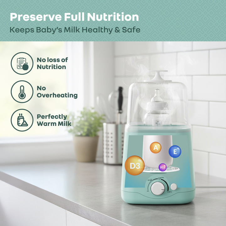 Baby bottle warmer on a kitchen counter with text about preserving full nutrition.