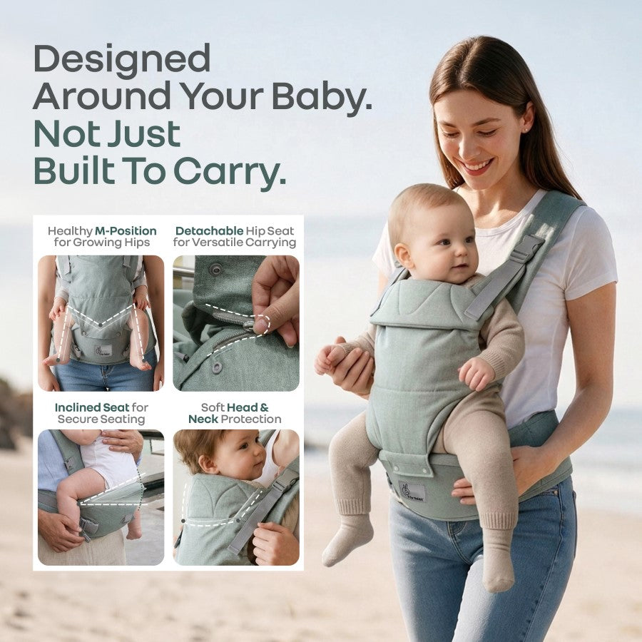 Solo Wrap Comfy 5-in-1 Baby Carrier with Detachable Hip Seat, X Back & Lumbar Support, Ergonomic M Position - Light Sage Green