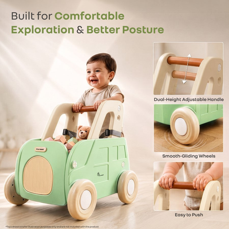 Kiddie Kart 4 in 1 Kids Toy Storage Cart, Sit & Ride, Push Walker & Pull Along, Adjustable Dual Height Handlebar, Quick Plug & Play, Age 0–3 Years – Green Beige