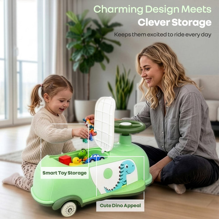 Iya Iya Poppy 3 in 1 Kids Pull Along & Push Ride On Swing Car, Fun Dino Design, Toy Compartment, ABEC 7 Bearing, Age 2+ Years - Green White