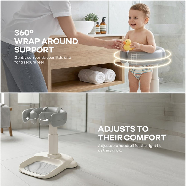 Fun Time Aqua Hug Kids Bath Stand, Wide Adjustable Handrail, Anti-Skid Base, Sturdy Triangular Frame, Built-In Shower Rack, Adjustable Height, Age 9–36 Months – Metallic Grey