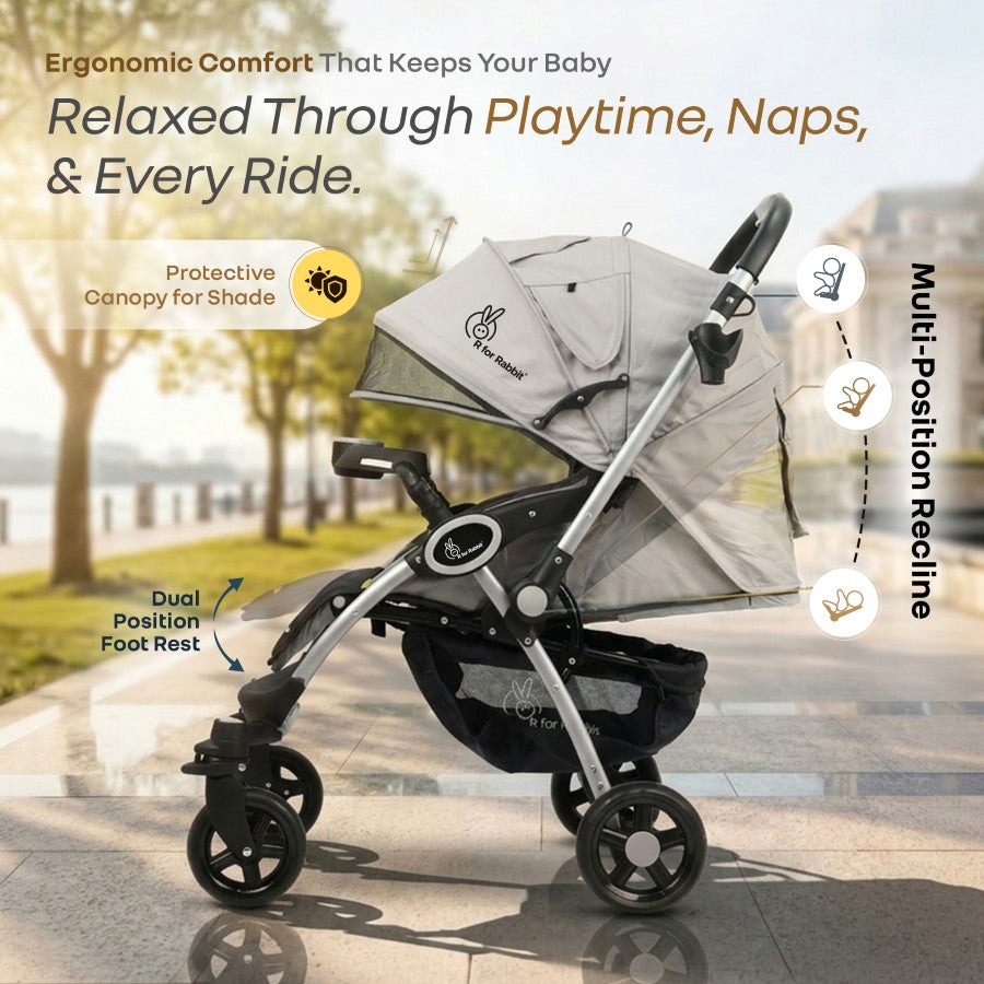 Chocolate Ride Stroller For Kids Reversible Handle, Multiple Recline Positions, Cup Holder with Meal Tray, 5 Point Safety Harness, Storage Basket - Rainbow