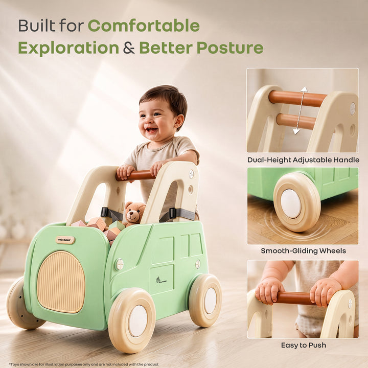 Kiddie Kart 4 in 1 Kids Toy Storage Cart, Sit & Ride, Push Walker & Pull Along, Adjustable Dual Height Handlebar, Quick Plug & Play, Age 0–3 Years – Green Beige