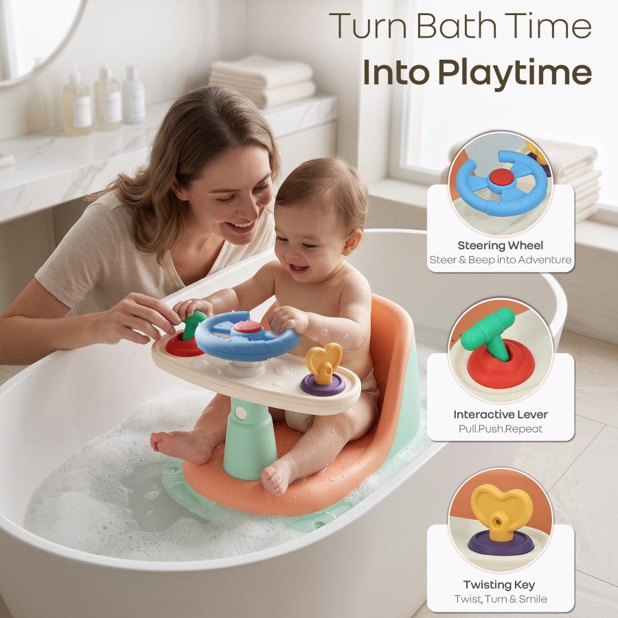 Fun Time Cozy 2 in 1 Baby Bath Seat, Ergonomic TPR Backrest, Quick Draining Mesh, Interactive Toy, Anti-Slip, Age 6+ Months – Peach Mint