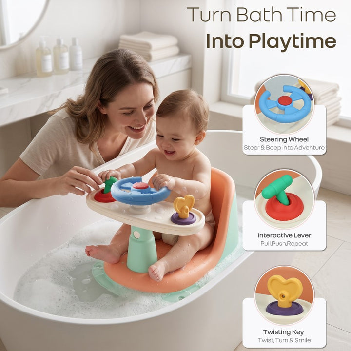 Fun Time Cozy 2 in 1 Baby Bath Seat, Ergonomic TPR Backrest, Quick Draining Mesh, Interactive Toy, Anti-Slip, Age 6+ Months – Peach Mint