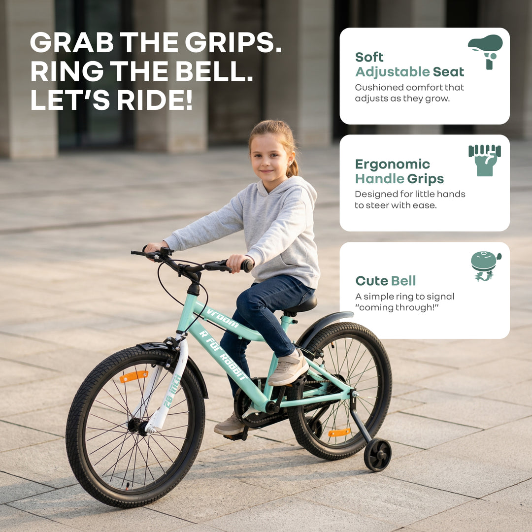 Vroom Bicycle For Kids 20 Inch With 90% Plug And Play For Ease Of Installation, Wide Training Wheels, Adjustable Seat, 7-10yrs, Upto 50kgs - Sea Green