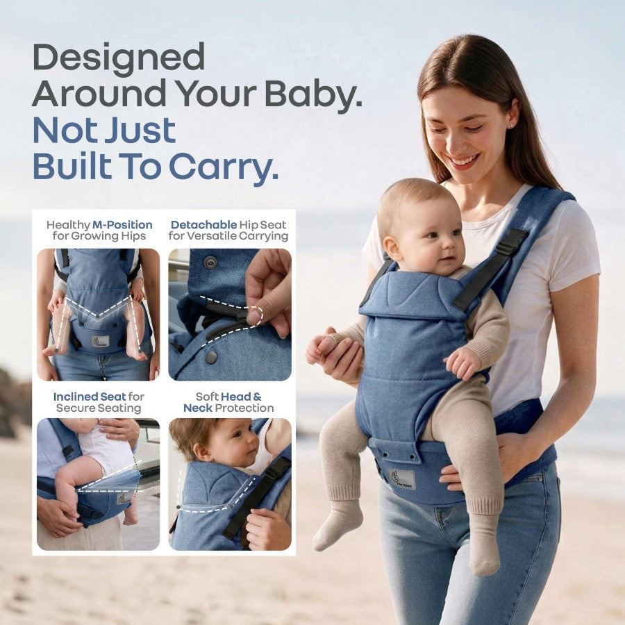 Solo Wrap Comfy 5-in-1 Baby Carrier with Detachable Hip Seat, X Back & Lumbar Support, Ergonomic M Position - Denim Blue