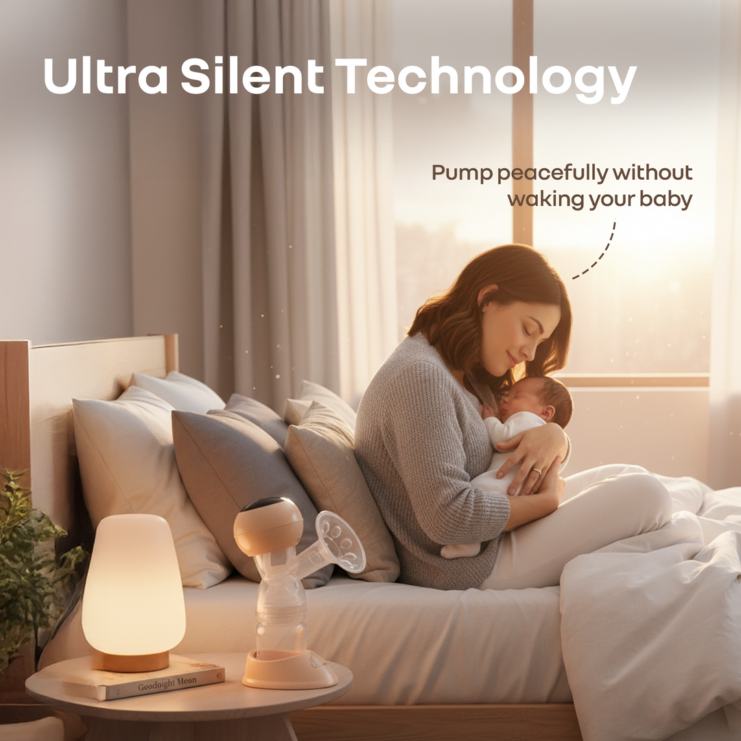 Woman holding a baby in bed with a breast pump and night light, text 'Ultra Silent Technology' and 'Pump peacefully without waking your baby'.