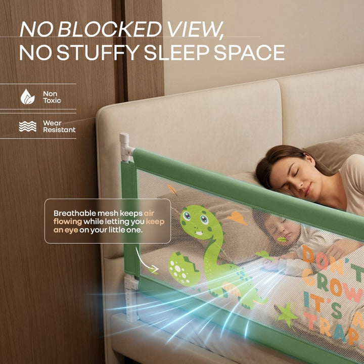 Safari Bed Rail for Baby Easy Install, Anti-Fall Safeguard for Toddler Safety - Dino Green