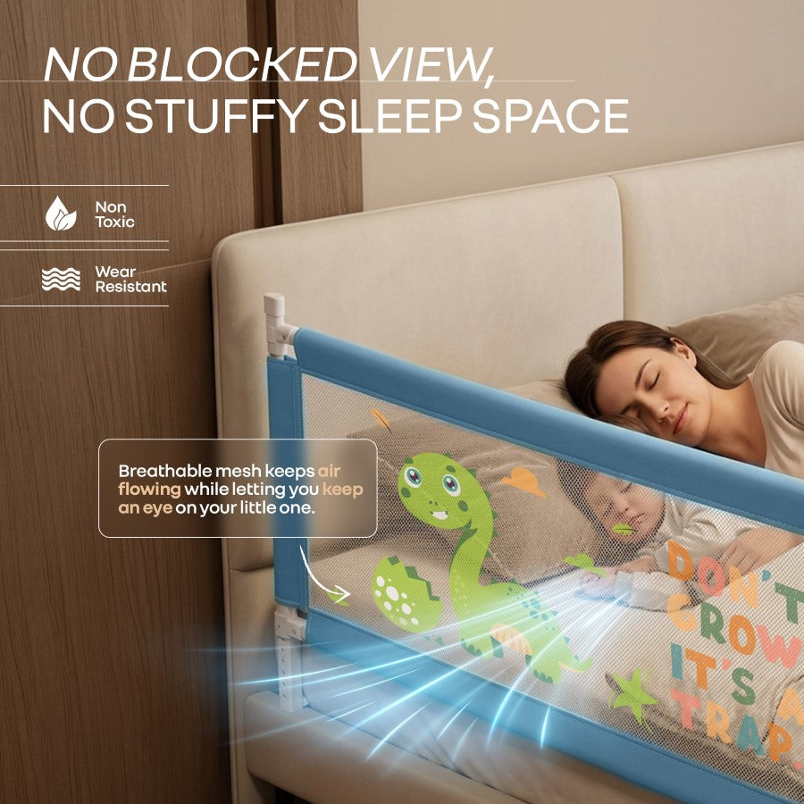 Safari Bed Rail for Baby Easy Install, Anti-Fall Safeguard for Toddler Safety - Dino Blue