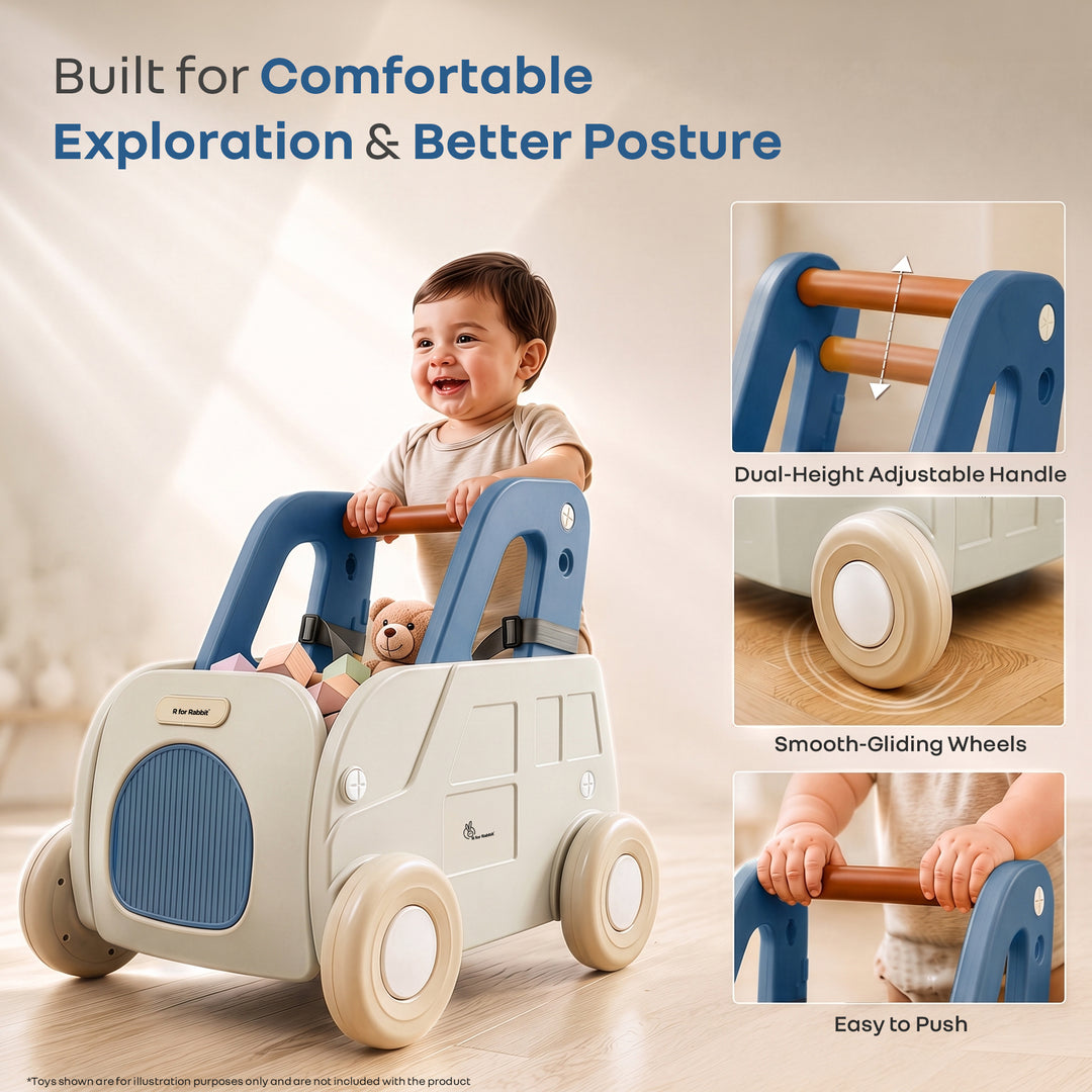 Kiddie Kart 4 in 1 Kids Toy Storage Cart, Sit & Ride, Push Walker & Pull Along, Adjustable Dual Height Handlebar, Quick Plug & Play, Age 0–3 Years – Grey Blue
