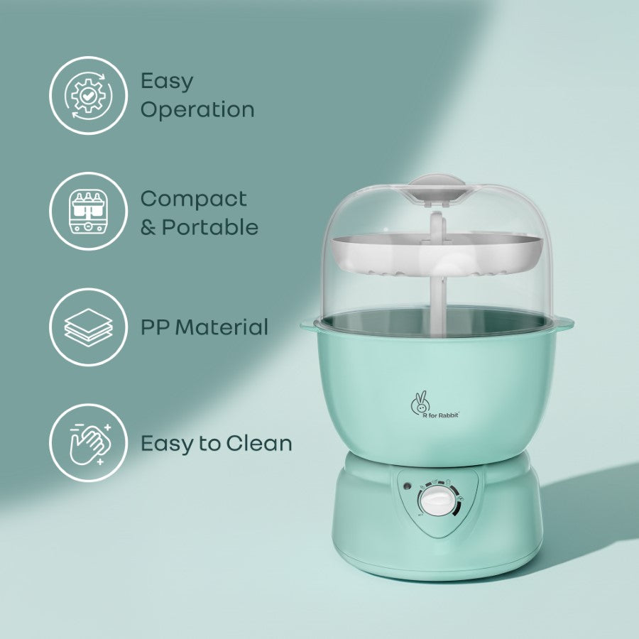 Mint green steamer with features listed on a light blue background