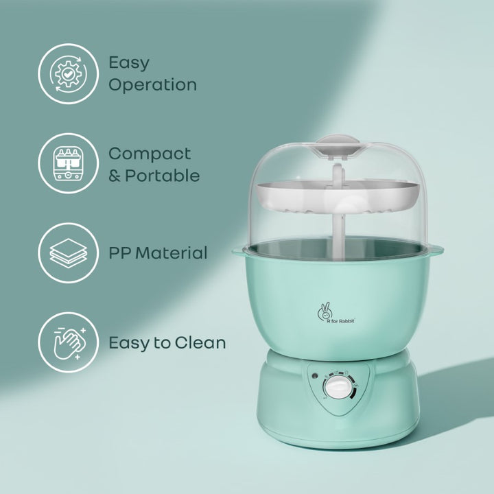 Mint green steamer with features listed on a light blue background