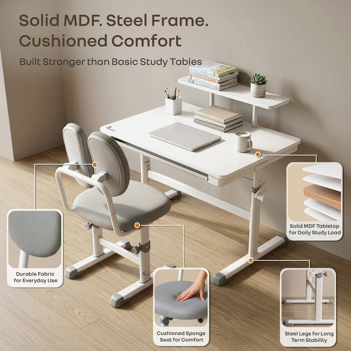 Kiddie Grow Edge Kids Study Table & Chair Set for 3–15 Years, Hydraulic Height Adjustable, Ergonomic Chair, Storage Drawer, Upto 100 kg