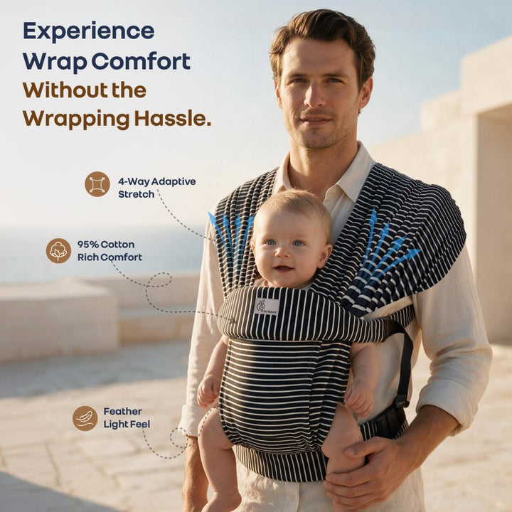 Solo Wrap Flexi Hands-Free Baby Carrier with Dual Carry Positions and 3-Point Support Design – Oxford Blue Stripes