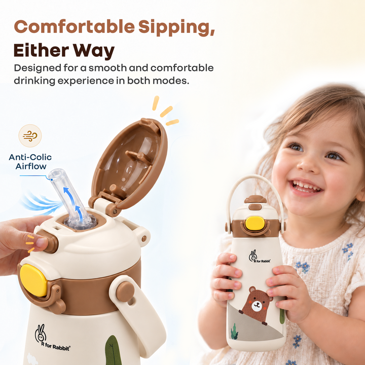 Steebo Duo 2-in-1 Stainless Steel Straw Sipper Bottle 500ml with Double Wall Insulation, Leak Proof Lockable Lid & Anti-Colic Design - Almond Cream
