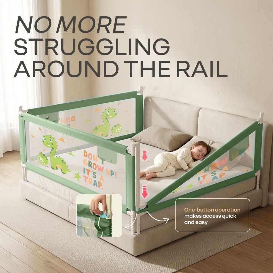 Safari Bed Rail for Baby Easy Install, Anti-Fall Safeguard for Toddler Safety - Dino Green