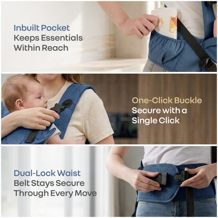 Solo Wrap Comfy 5-in-1 Baby Carrier with Detachable Hip Seat, X Back & Lumbar Support, Ergonomic M Position - Denim Blue
