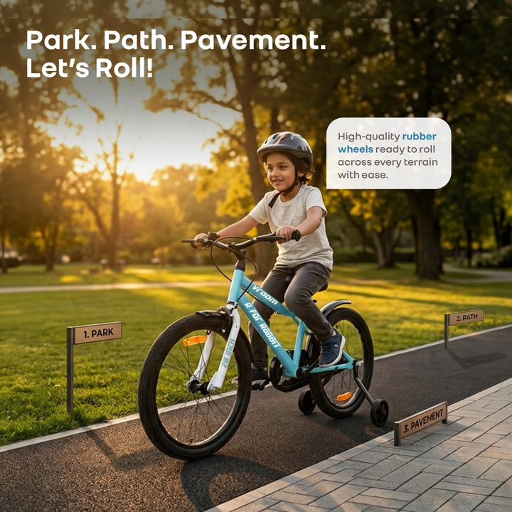 Vroom Bicycle For Kids 20 Inch With 90% Plug And Play For Ease Of Installation, Wide Training Wheels, Adjustable Seat, 7-10yrs, Upto 50kgs - Lake Blue