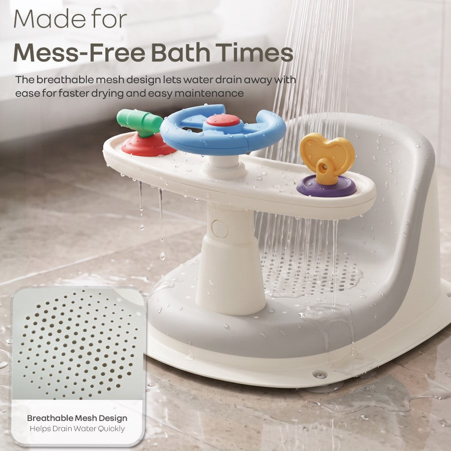 Fun Time Cozy 2 in 1 Baby Bath Seat, Ergonomic TPR Backrest, Quick Draining Mesh, Interactive Toy, Anti-Slip, Age 6+ Months – Grey Ivory