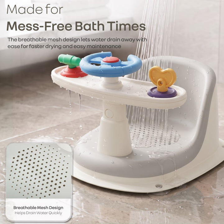 Fun Time Cozy 2 in 1 Baby Bath Seat, Ergonomic TPR Backrest, Quick Draining Mesh, Interactive Toy, Anti-Slip, Age 6+ Months – Grey Ivory