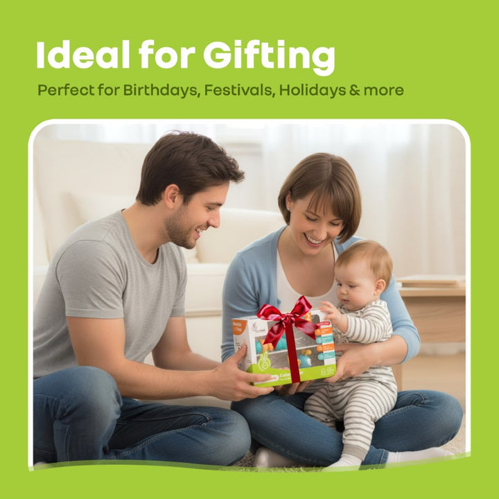 Family scene with a man and woman holding a baby, all smiling and looking at a gift box on a green background with text 'Ideal for Gifting'.