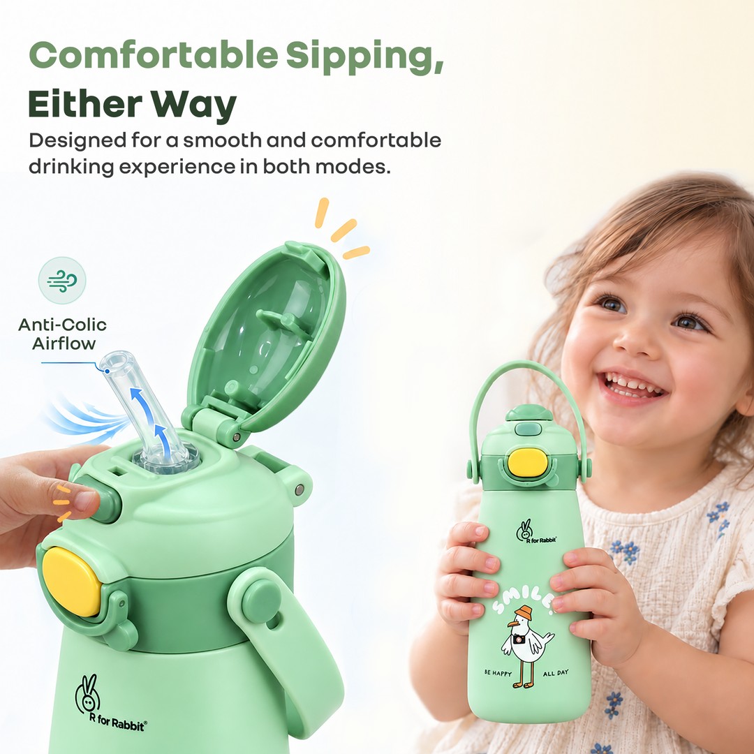 Steebo Duo 2-in-1 Stainless Steel Straw Sipper Bottle 500ml with Double Wall Insulation, Leak Proof Lockable Lid & Anti-Colic Design - Pistachio Green