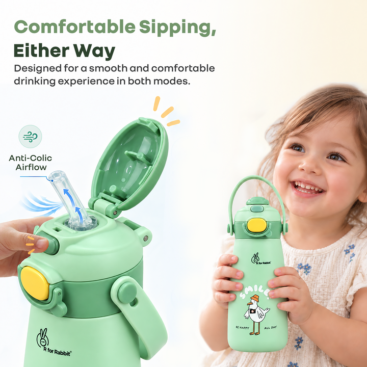 Steebo Duo 2-in-1 Stainless Steel Straw Sipper Bottle 500ml with Double Wall Insulation, Leak Proof Lockable Lid & Anti-Colic Design - Pistachio Green