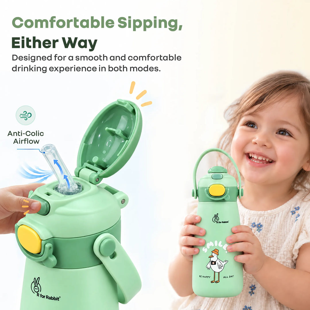 Steebo Duo 2-in-1 Stainless Steel Straw Sipper Bottle 500ml with Double Wall Insulation, Leak Proof Lockable Lid & Anti-Colic Design - Pistachio Green