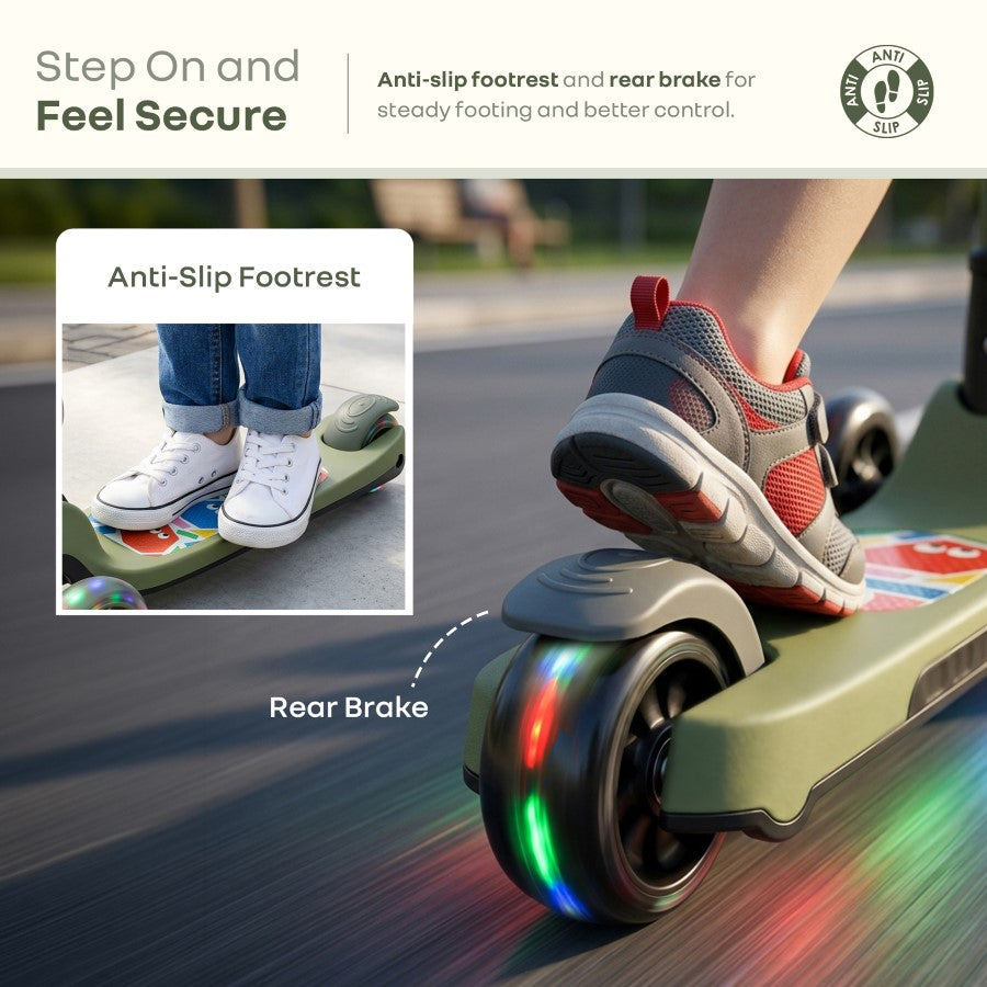 Road Runner Swift Kids Scooter - 3 Level Height Adjustable, Foldable, LED PU Wheels with Gravity Steering - Military Green