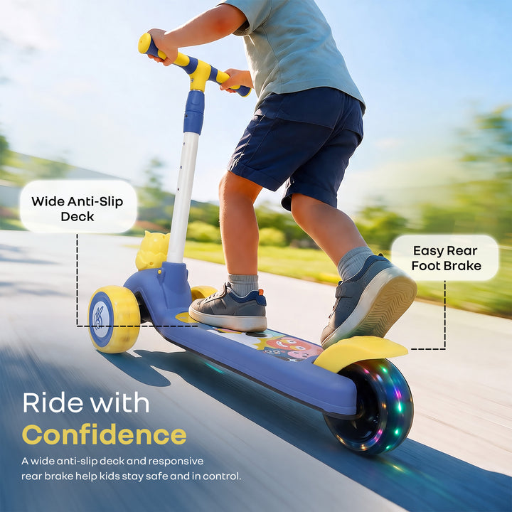 Road Runner Ryder Kids Scooter - PU LED wheels & Multi-Level Height Adjustment - Blue Yellow
