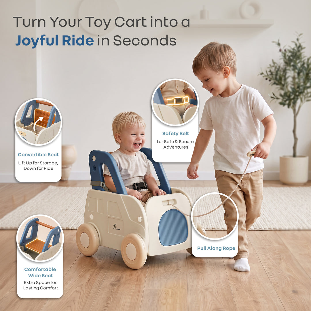 Kiddie Kart 4 in 1 Kids Toy Storage Cart, Sit & Ride, Push Walker & Pull Along, Adjustable Dual Height Handlebar, Quick Plug & Play, Age 0–3 Years – Grey Blue