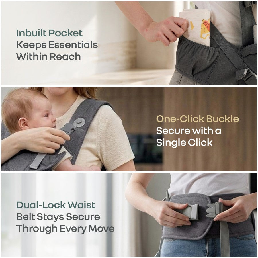 Solo Wrap Comfy 5-in-1 Baby Carrier with Detachable Hip Seat, X Back & Lumbar Support, Ergonomic M Position - Charcoal Grey