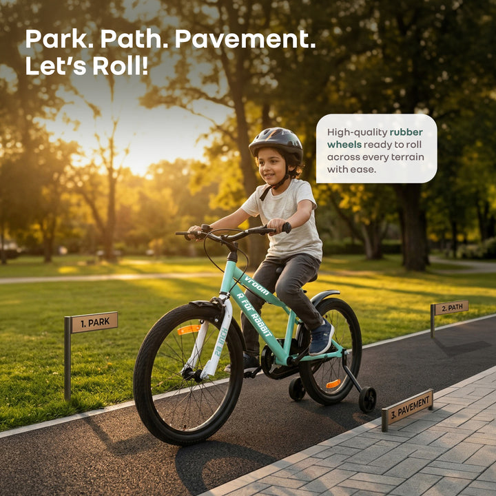 Vroom Bicycle For Kids 20 Inch With 90% Plug And Play For Ease Of Installation, Wide Training Wheels, Adjustable Seat, 7-10yrs, Upto 50kgs - Sea Green