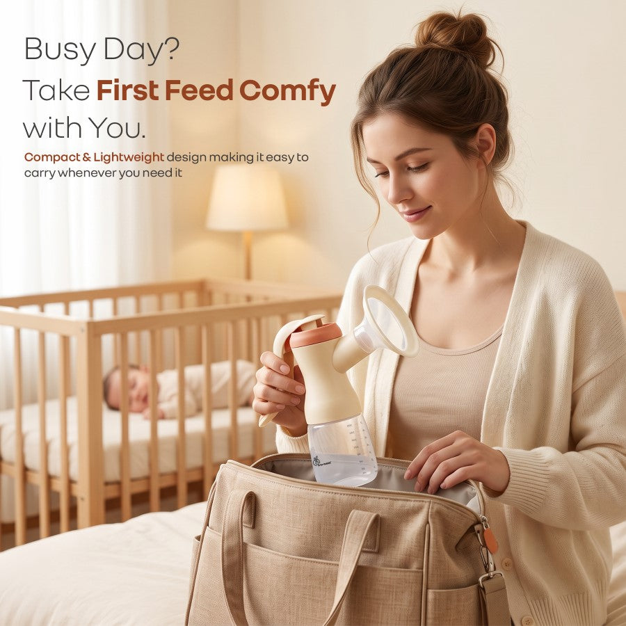 First Feed Comfy Manual Breast Pump with 106° Wide Angle Shield, 2 Adjustable Suction Modes & Anti Back Flow Design BPA Free - Apricot Orange