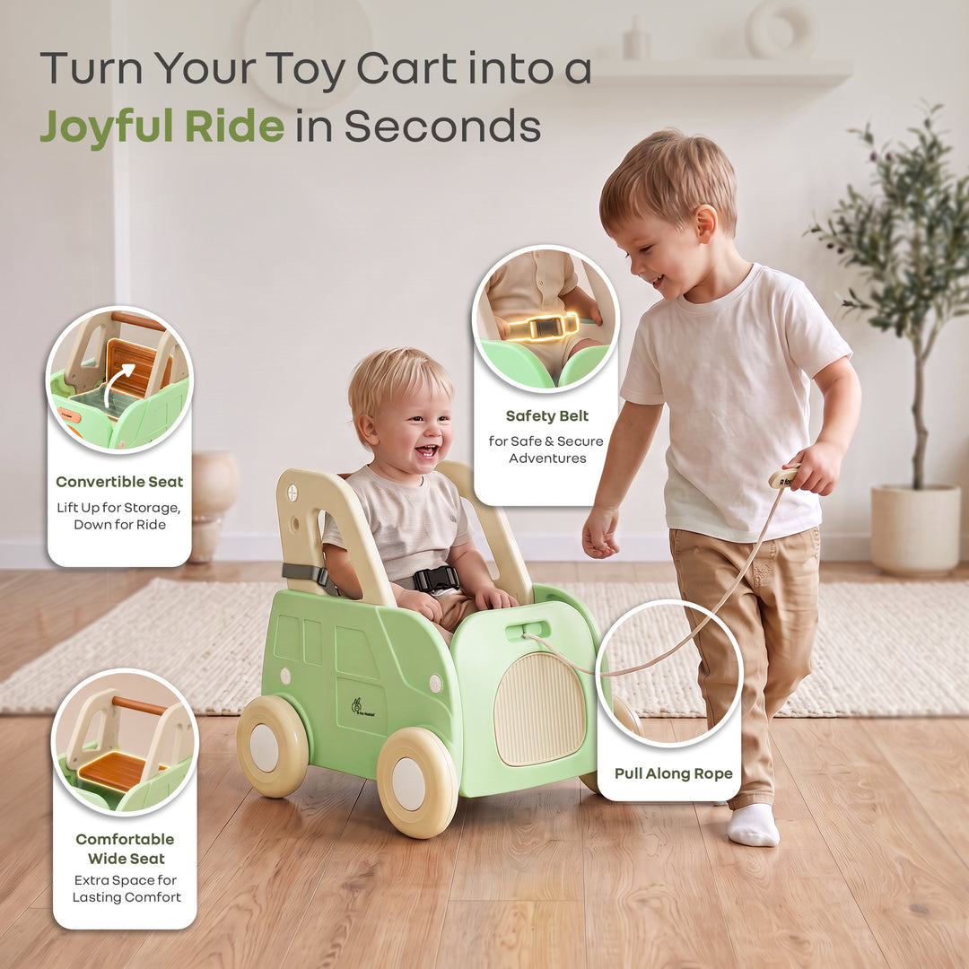 Kiddie Kart 4 in 1 Kids Toy Storage Cart, Sit & Ride, Push Walker & Pull Along, Adjustable Dual Height Handlebar, Quick Plug & Play, Age 0–3 Years – Green Beige