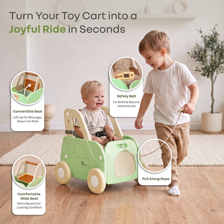 Kiddie Kart 4 in 1 Kids Toy Storage Cart, Sit & Ride, Push Walker & Pull Along, Adjustable Dual Height Handlebar, Quick Plug & Play, Age 0–3 Years – Green Beige