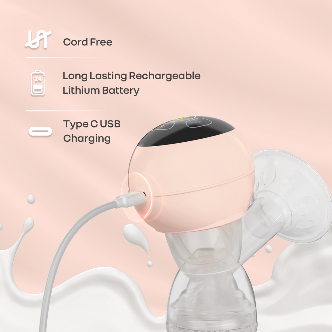 Breast pump with charging cable on a pink background, featuring text about battery type and charging method.