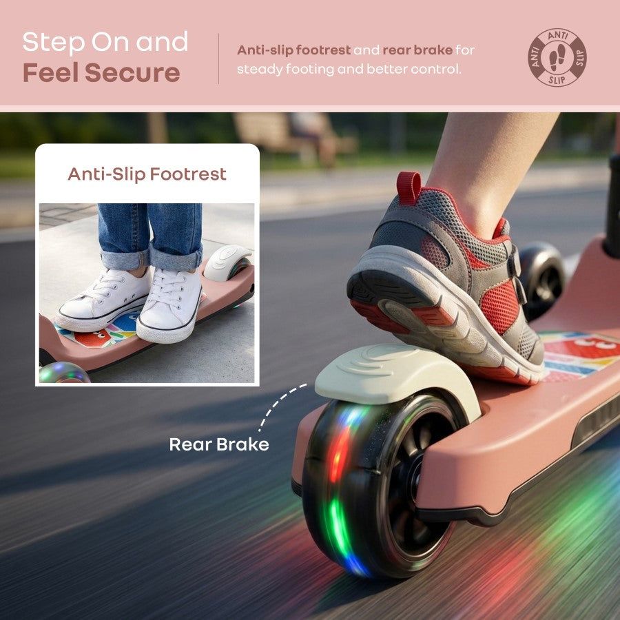 Road Runner Swift Kids Scooter - 3 Level Height Adjustable, Foldable, LED PU Wheels with Gravity Steering - Dusty Rose