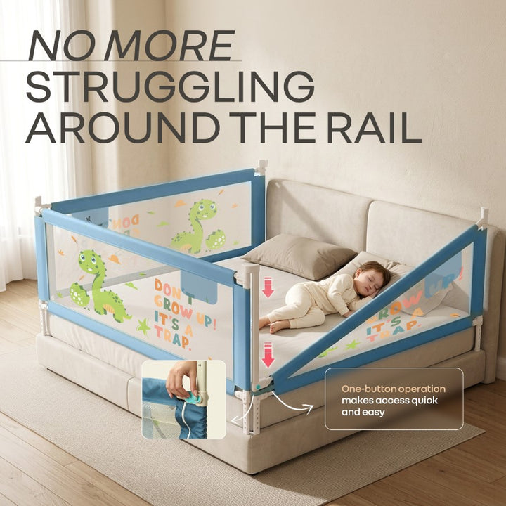 Safari Bed Rail for Baby Easy Install, Anti-Fall Safeguard for Toddler Safety - Dino Blue
