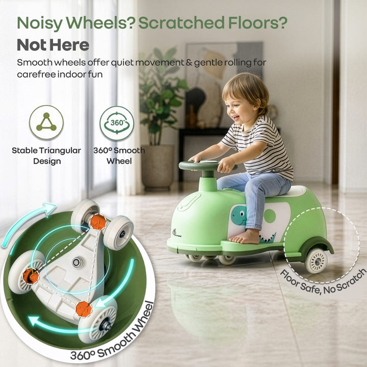 Iya Iya Poppy 3 in 1 Kids Pull Along & Push Ride On Swing Car, Fun Dino Design, Toy Compartment, ABEC 7 Bearing, Age 2+ Years - Green White