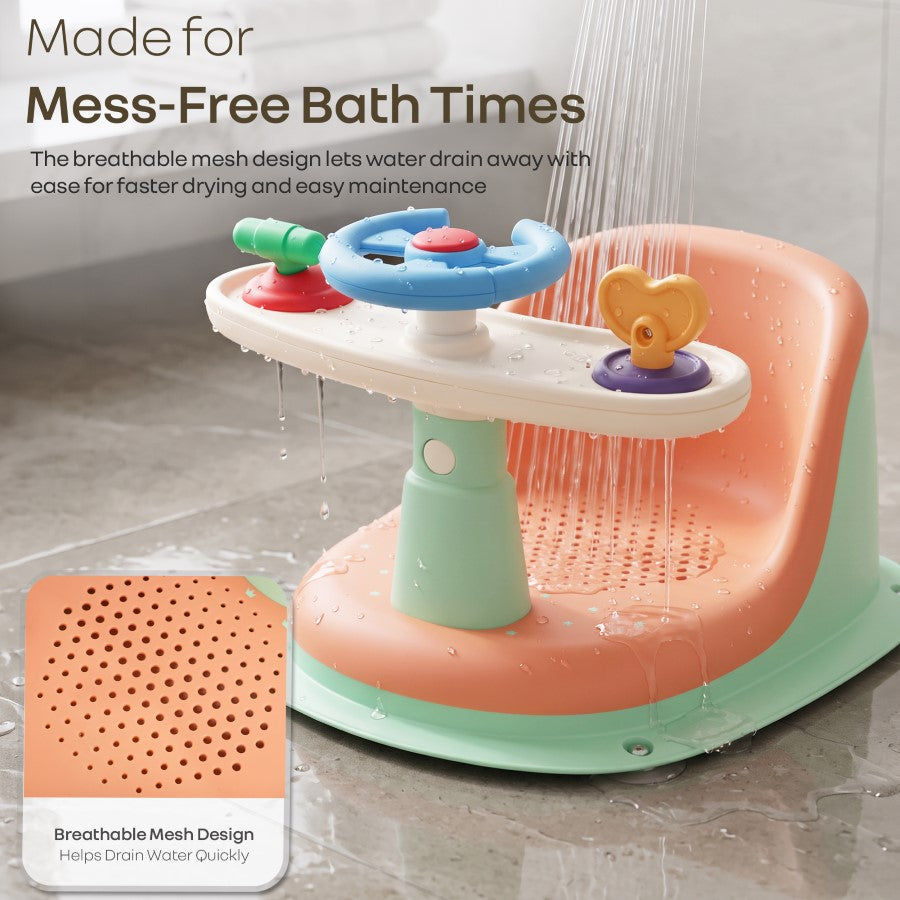 Fun Time Cozy 2 in 1 Baby Bath Seat, Ergonomic TPR Backrest, Quick Draining Mesh, Interactive Toy, Anti-Slip, Age 6+ Months – Peach Mint