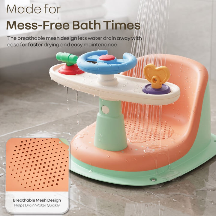 Fun Time Cozy 2 in 1 Baby Bath Seat, Ergonomic TPR Backrest, Quick Draining Mesh, Interactive Toy, Anti-Slip, Age 6+ Months – Peach Mint