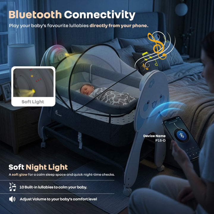 Lullabies Woodsy Bunny Smart Baby Cradle – 2-in-1 Auto Swing Cradle & Bedside Bassinet with Bluetooth Music, Timer, Plush Mattress, Mosquito Net & Storage Basket (0–18 Months)