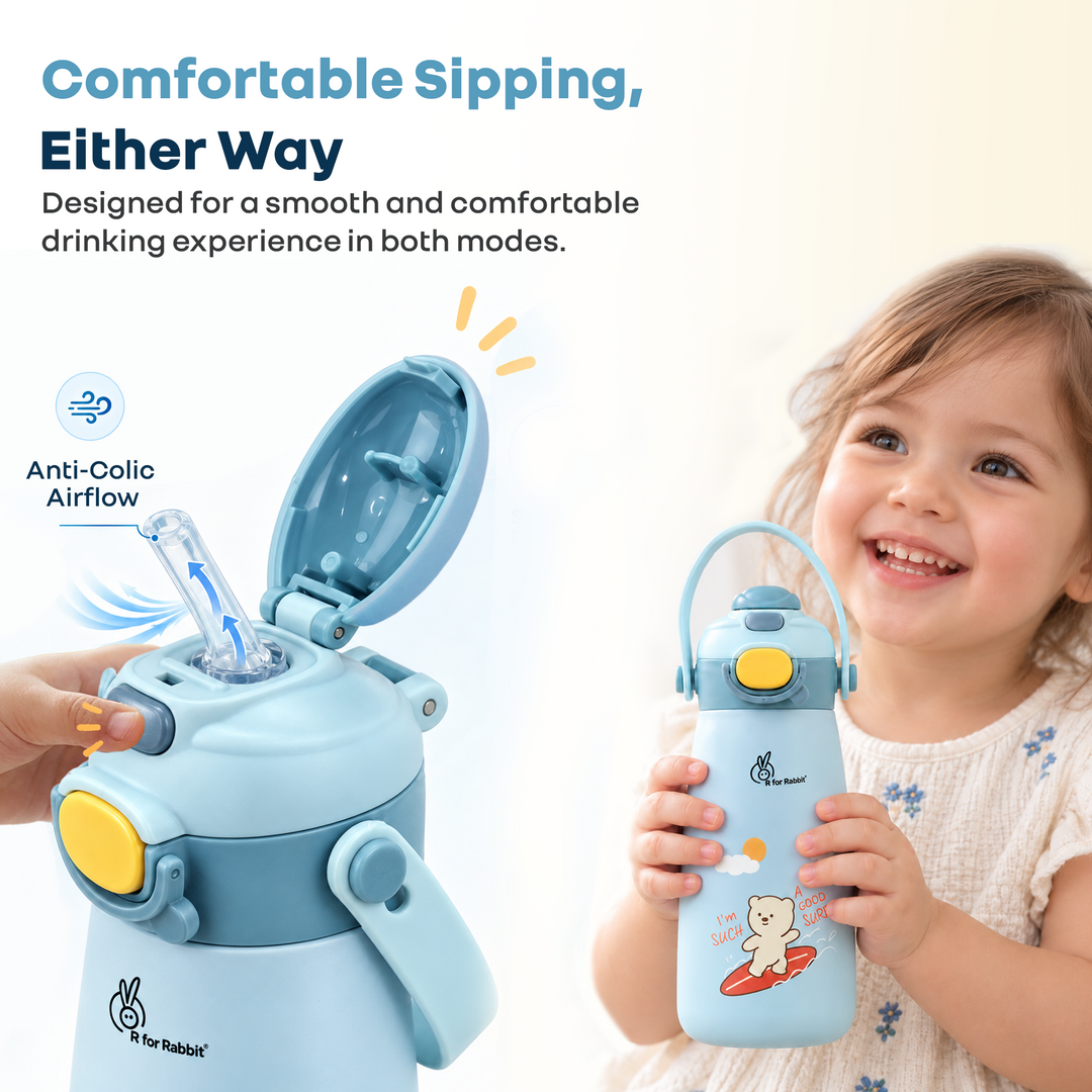 Steebo Duo 2-in-1 Stainless Steel Straw Sipper Bottle 500ml with Double Wall Insulation, Leak Proof Lockable Lid & Anti-Colic Design - Ice Blue