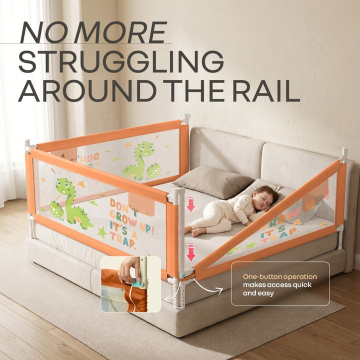 Safari Bed Rail for Baby Easy Install, Anti-Fall Safeguard for Toddler Safety - Dino Peach