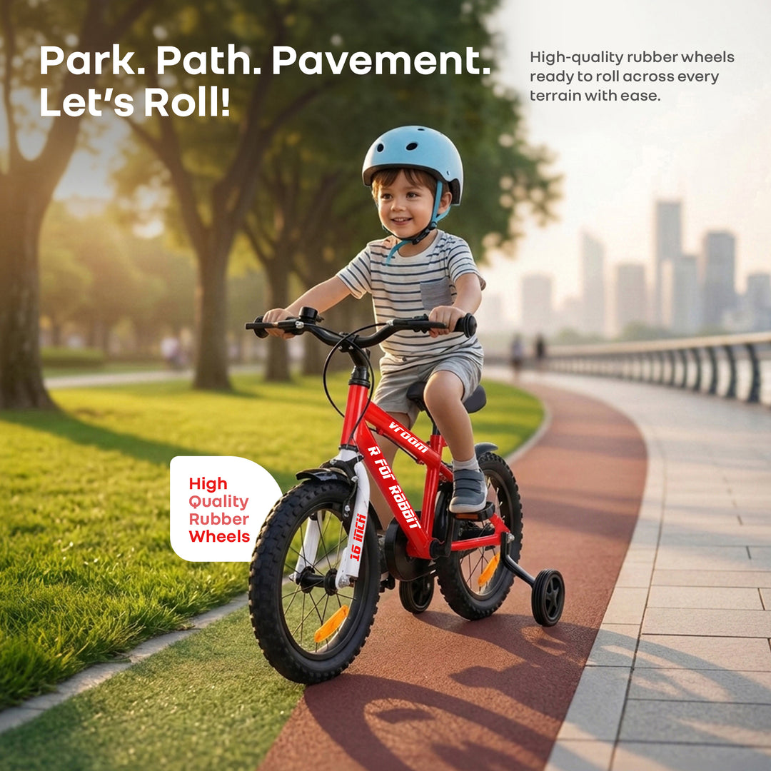 Vroom Bicycle For Kids 16 Inch With 90% Plug And Play For Ease Of Installation, Wide Training Wheels, Adjustable Seat, 4-7yrs, Upto 40kgs - Red